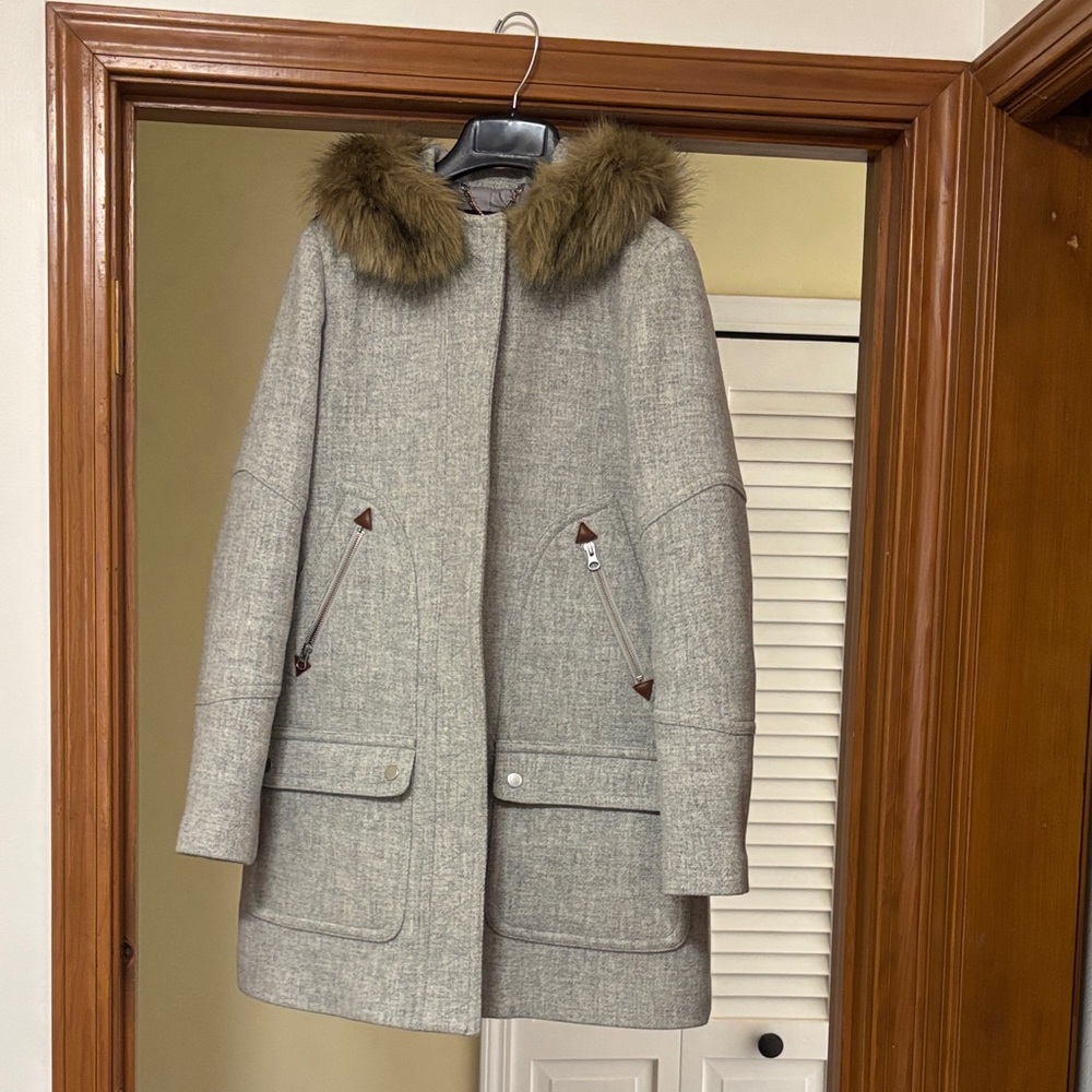 J. Crew Light Gray Wool-Blend Pea Coat with Faux Fur Trim
